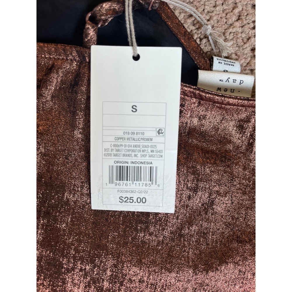 A New Day Women Copper Metallic Slip Dress V-Neck Mini Spaghetti Strap S NEW - Picture 5 of 10